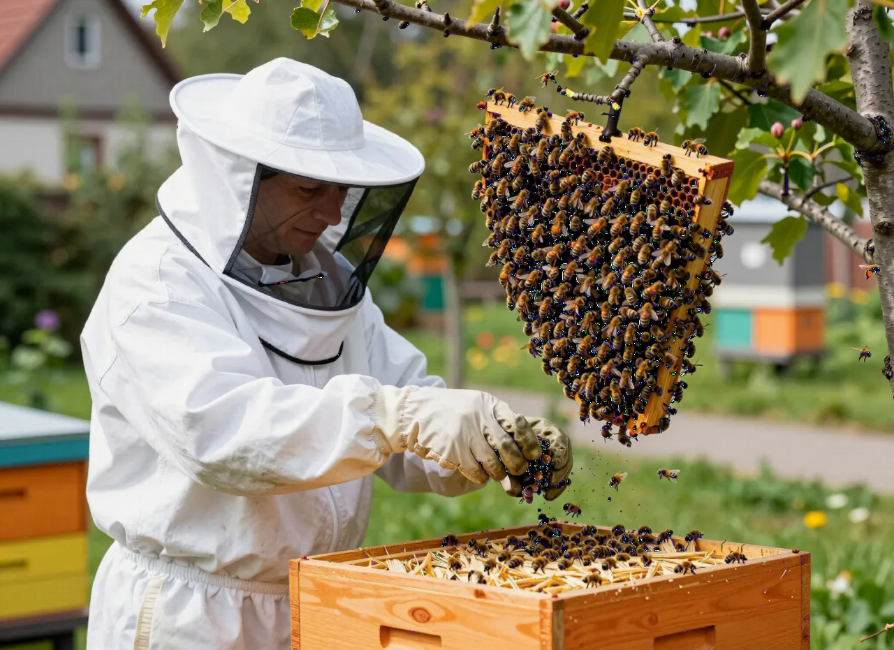 Imker sammelt einen Bienenschwarm zur schonenden Umsiedlung