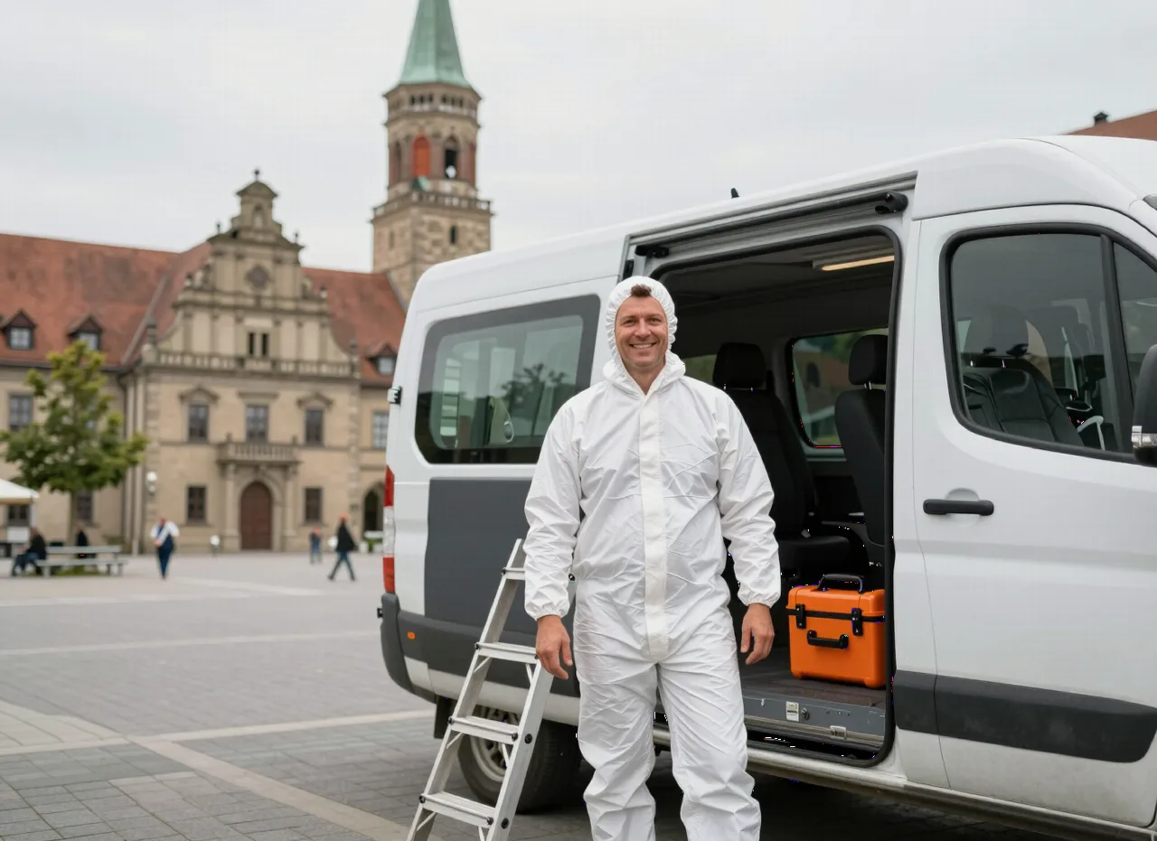 Wespennest entfernen in Augsburg – Techniker vor Rathaus und Perlachturm