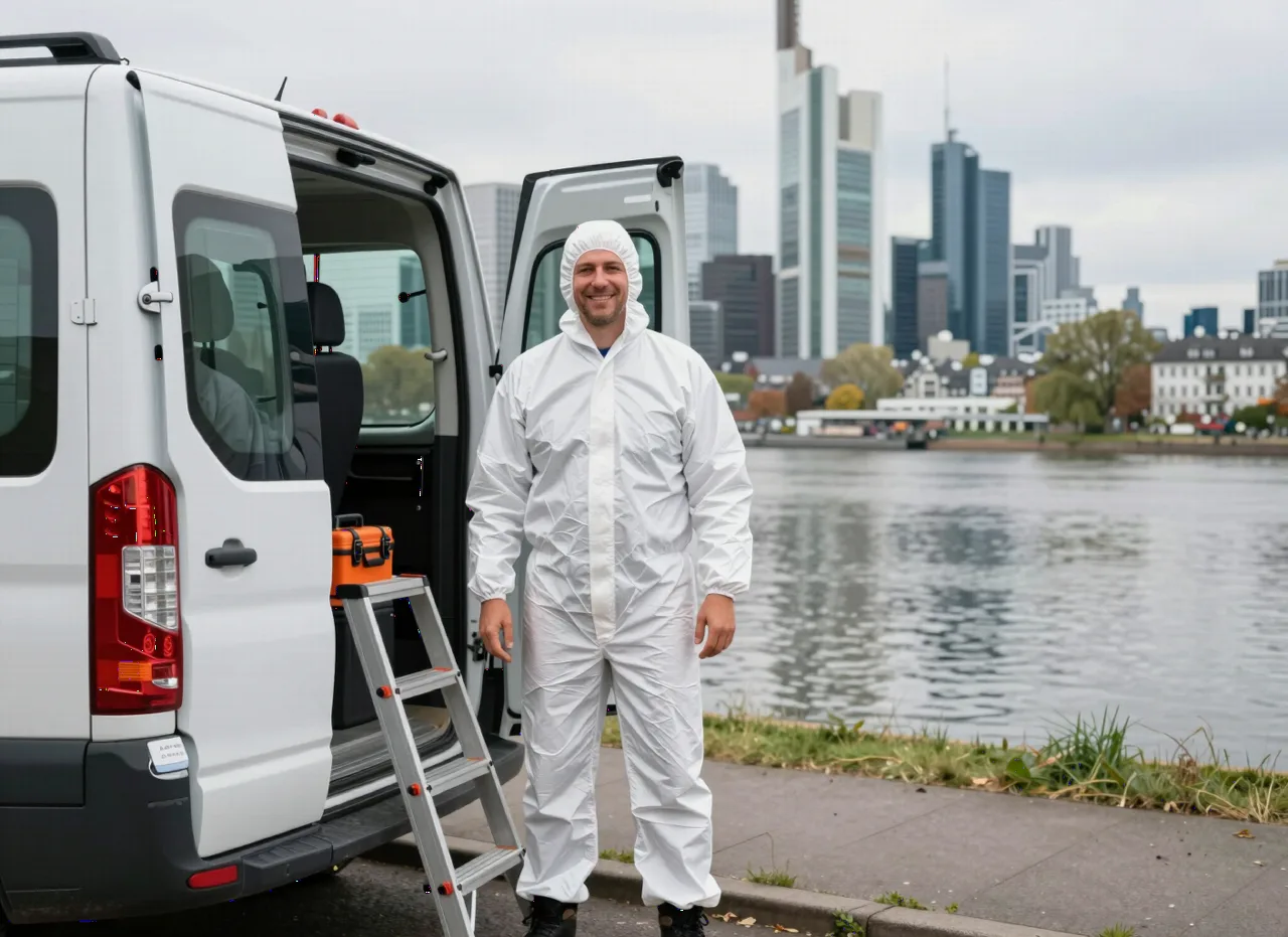 Wespennest entfernen in Frankfurt – Techniker vor der Frankfurter Skyline