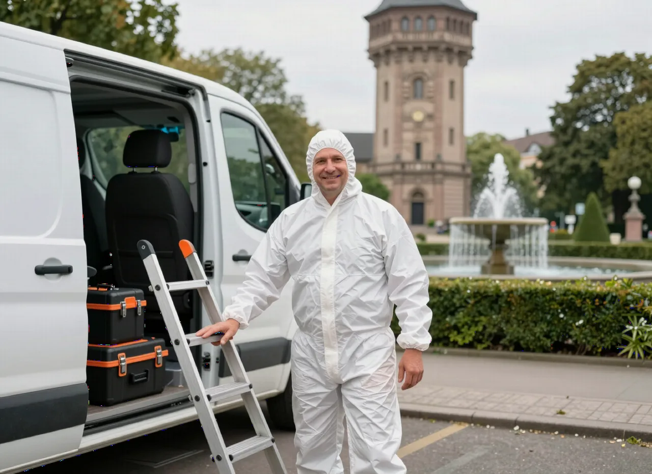 Wespennest entfernen in Mannheim – Techniker vor dem Wasserturm